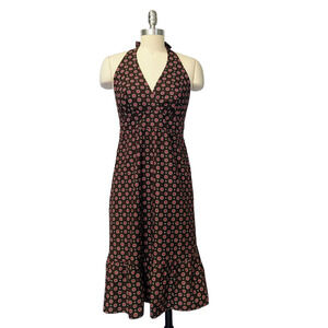Vintage Y2K Calico Halter Midi Dress Size XS Brown Merona Ruffle Cottagecore